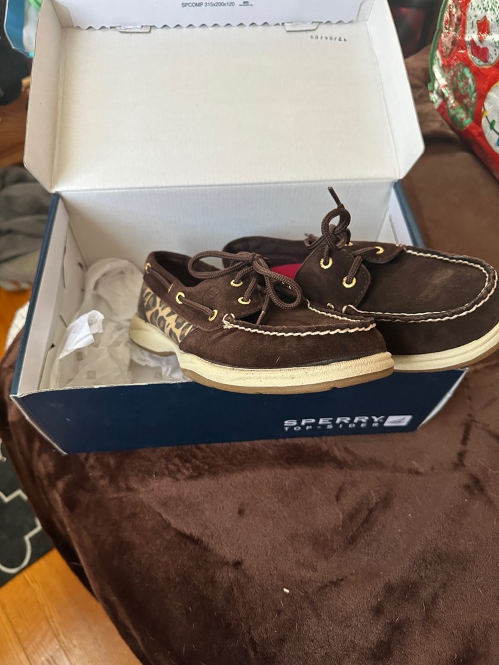 Sperry Brown Suede Boat Shoes with Leopard Heel Accent